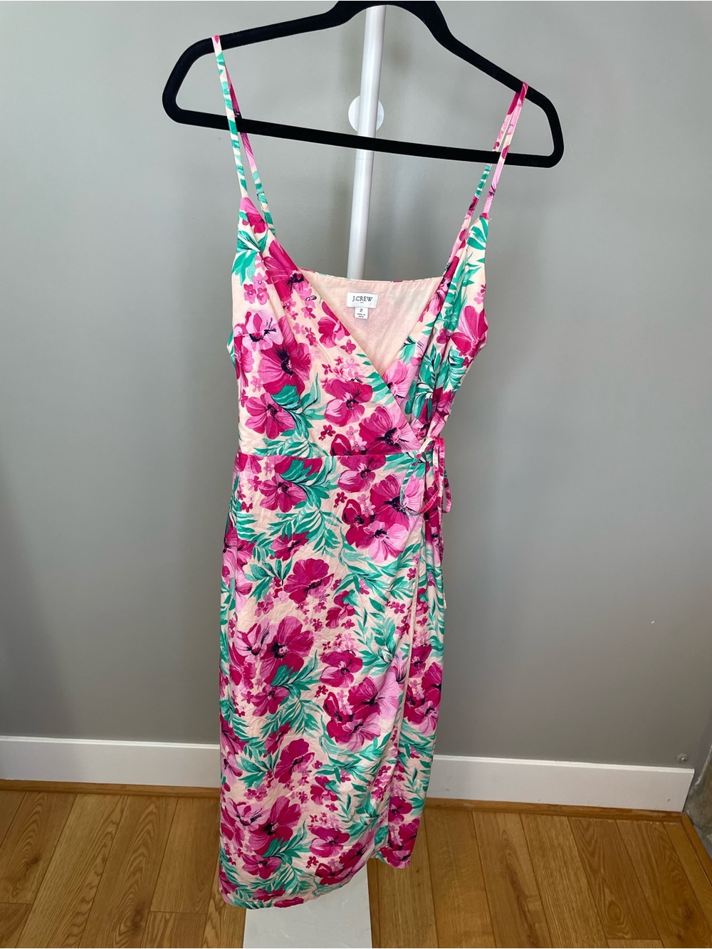 J. Crew Pink & Green Floral Wrap Midi Dress